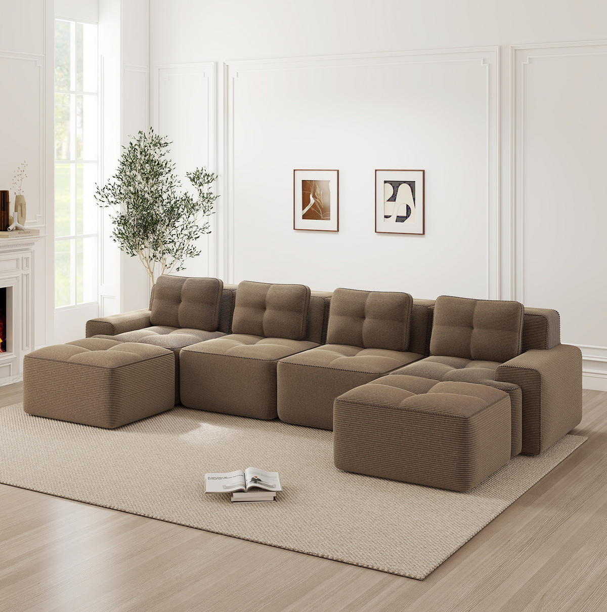 WOHNLANDSCHAFT 382/177/69 cm in Braun aus Cord, modular und montagefrei - Braun, Textil (177/69/382cm) - Flora Grace