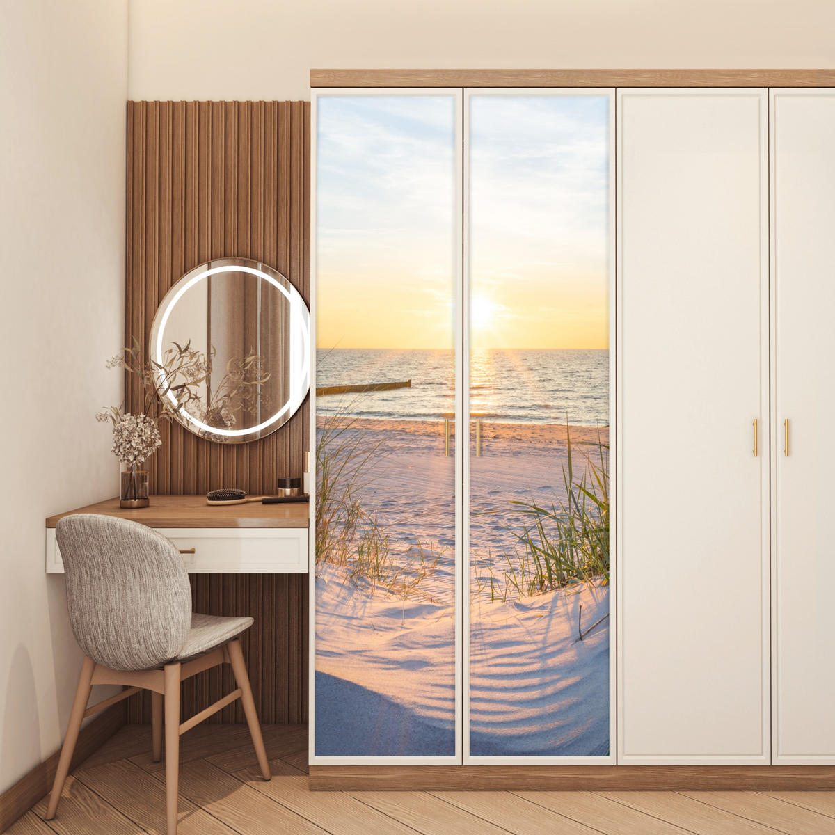 FOTOTAPETE Tür - Strand - Sonne - Düne - Gras - Sand - Horizont 75x205 cm - Dunkelgelb, Kunststoff (75/0.1cm) - MuchoWow