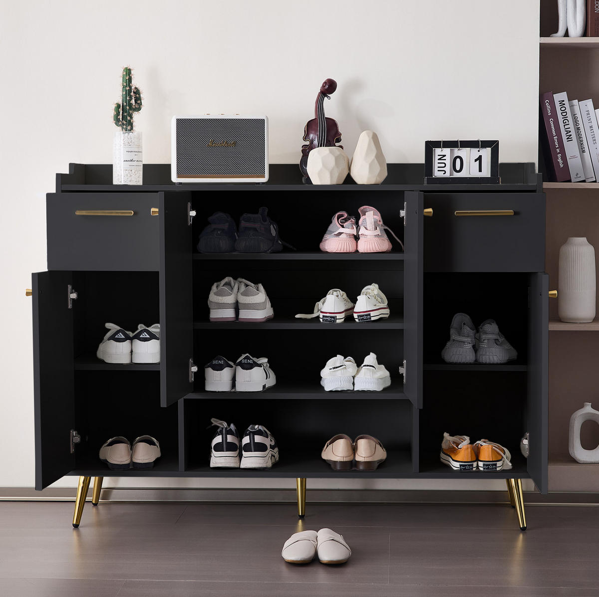 SCHUHSCHRANK 130/37/100 cm in Schwarz mit 2 Schubladen und 4 Türen - Schwarz, Holzwerkstoff (130/100/37cm) - BEAOK
