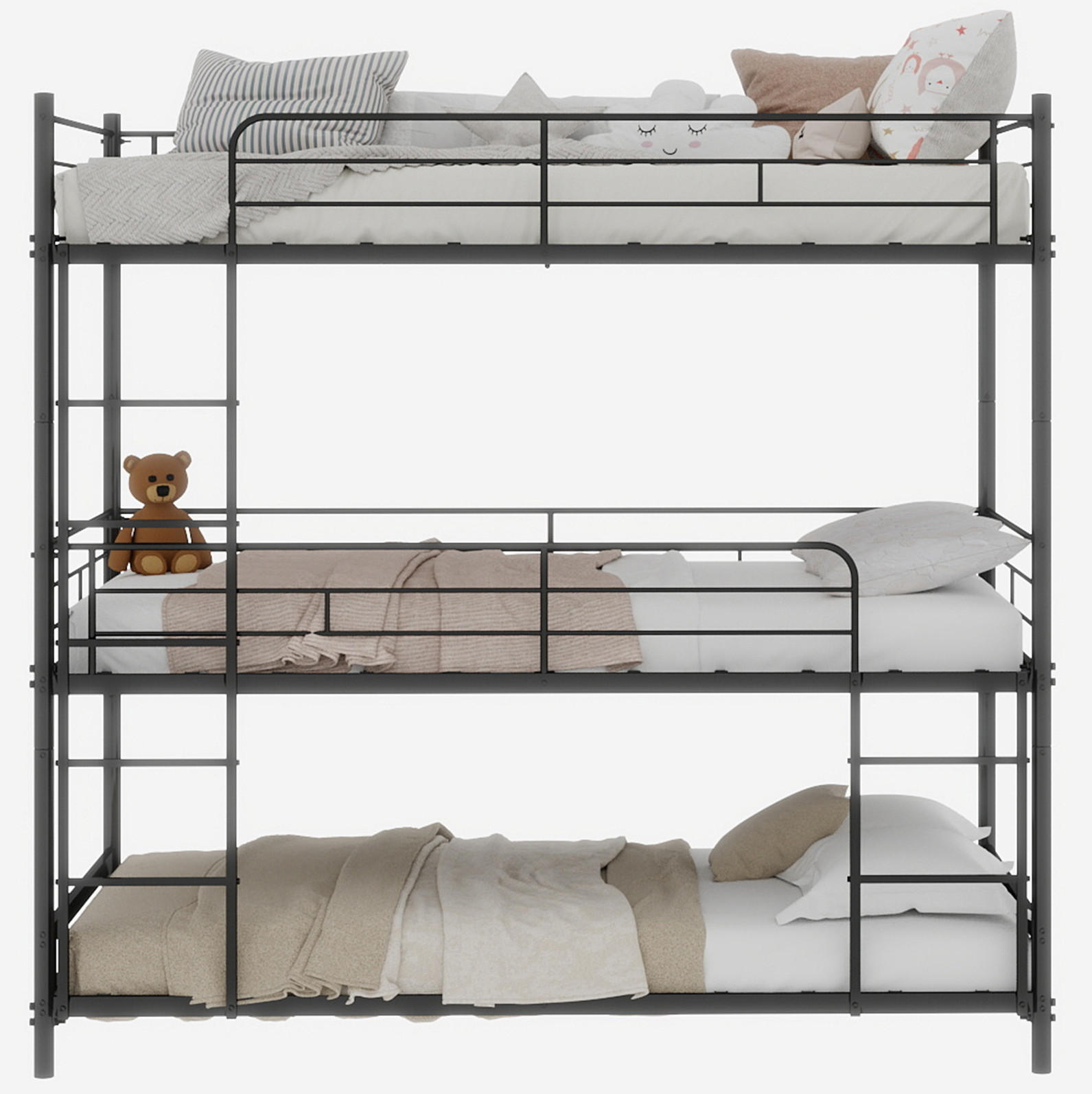DREIFACH-ETAGENBETT 90/180 cm schwarz aus Metall mit Leitern und Geländer - Schwarz, Metall (90/190cm) - OKWISH