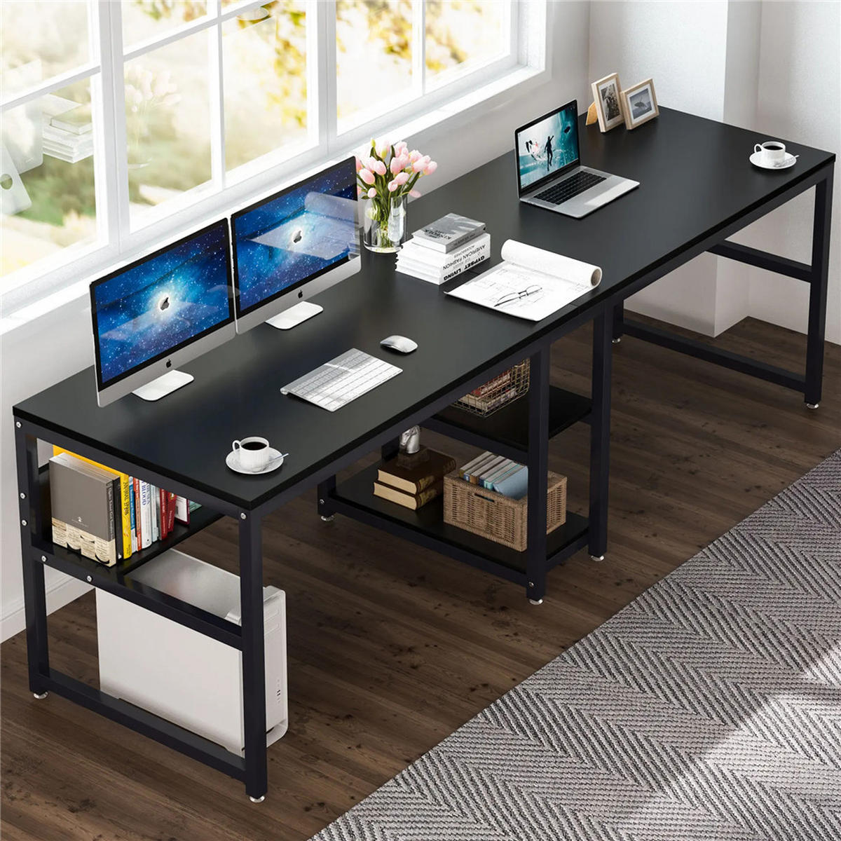 SCHREIBTISCH 200/60/75 cm Doppel Computertisch 2 Personen - Schwarz, Metall (200/60/75cm) - Kaket