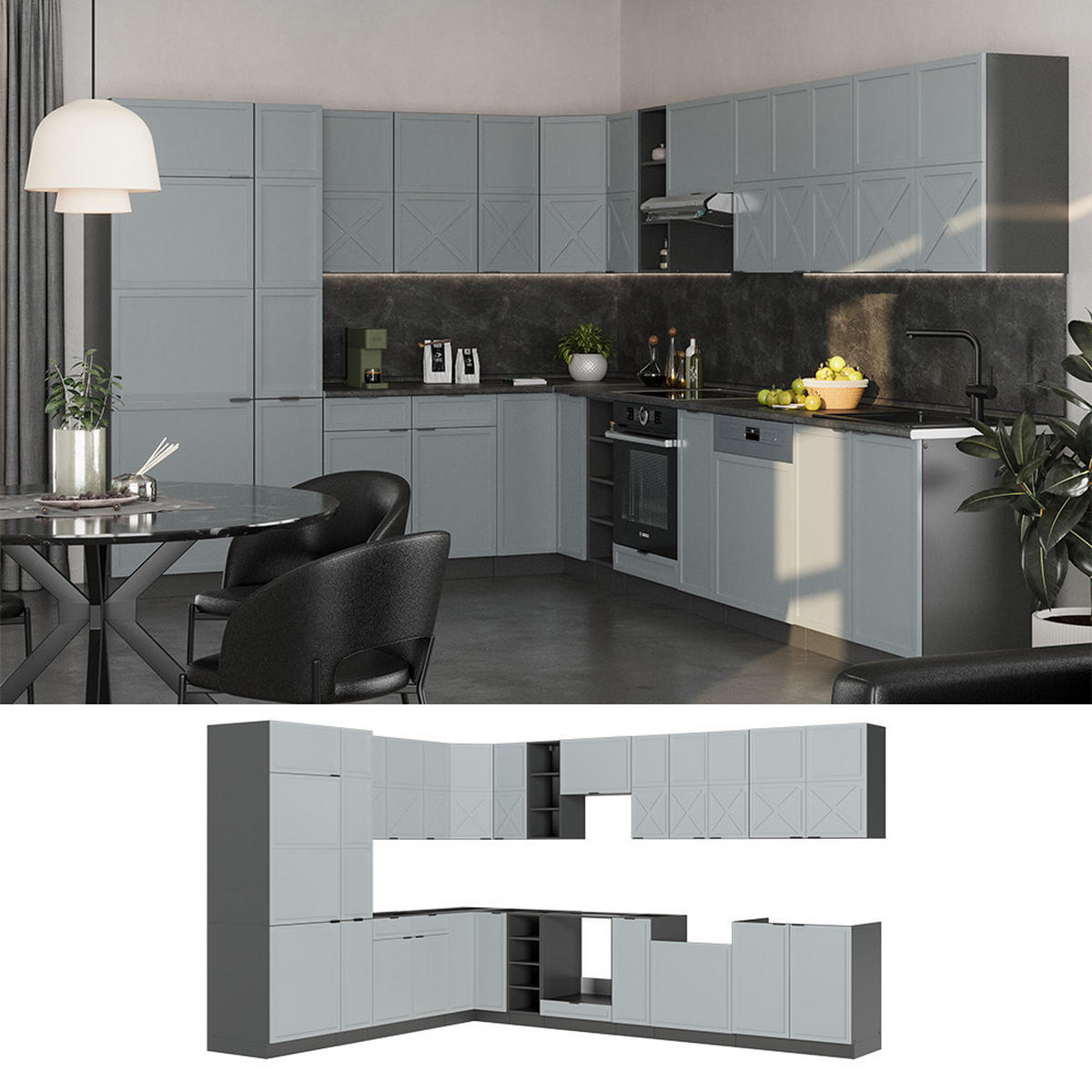 ECKKÜCHE Fame-Line Hellblau-grau/Anthrazit 347 x 257 cm ohne AP - Anthrazit/Hellblau, Holzwerkstoff (347/81.6/46cm) - Vicco