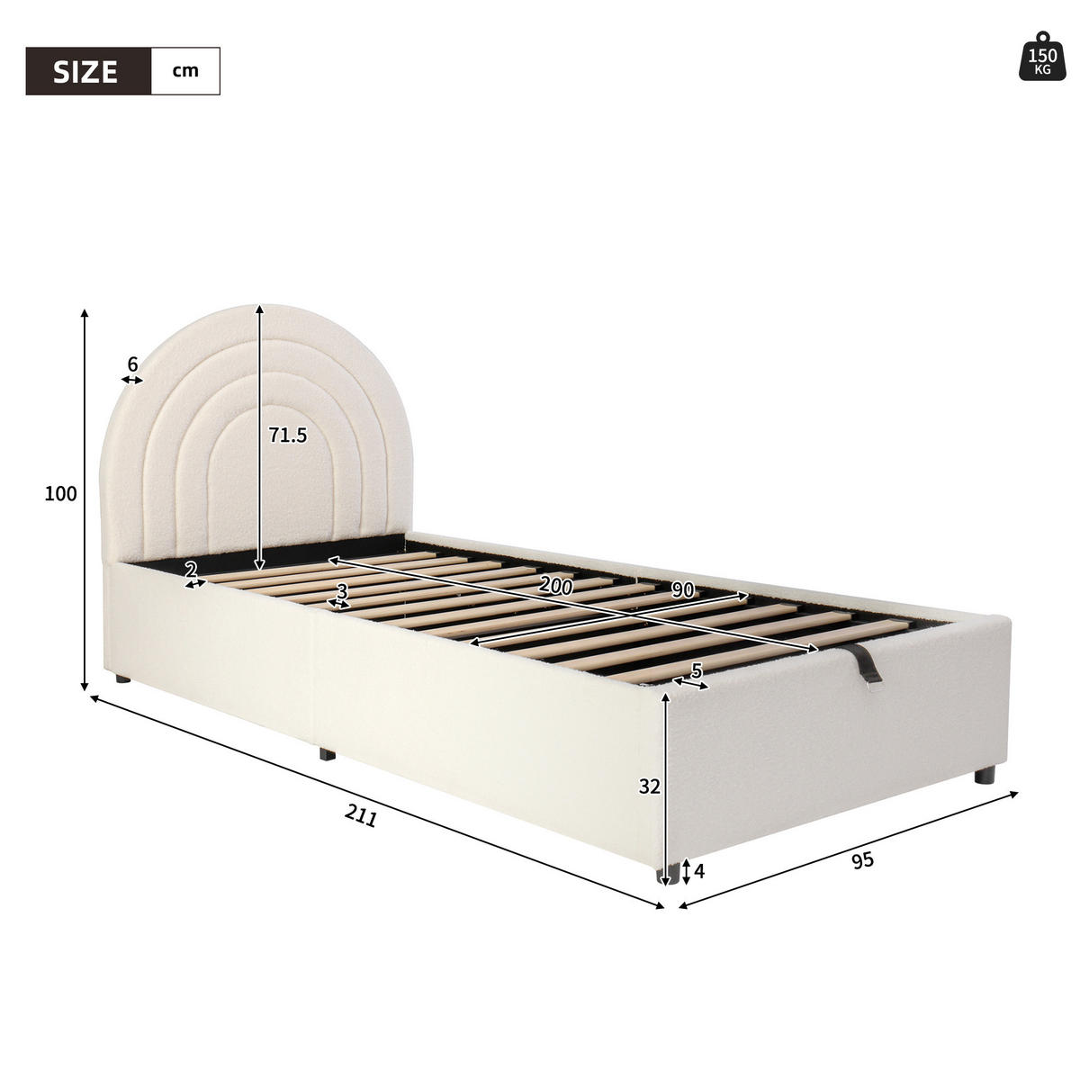 BETT mit hydraulischem Stauraum 90x200 cm Bouclé Beige - Beige, Metall (90/200cm) - Beauniv