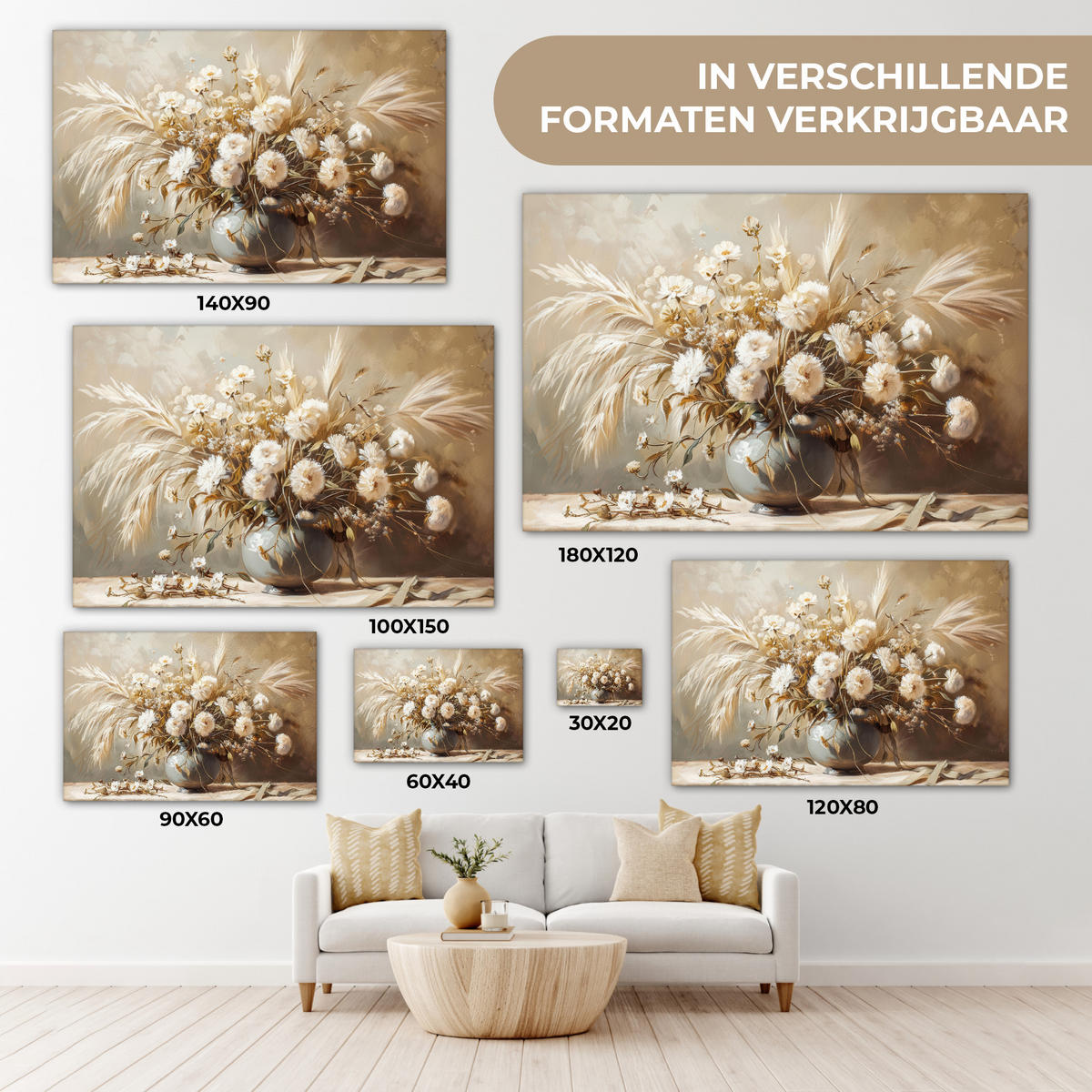 LEINWANDBILD Blumen - Vase - Stilleben - Beige Wohnzimmer Groß 120x80 cm - Creme, Textil (120/80cm) - MuchoWow