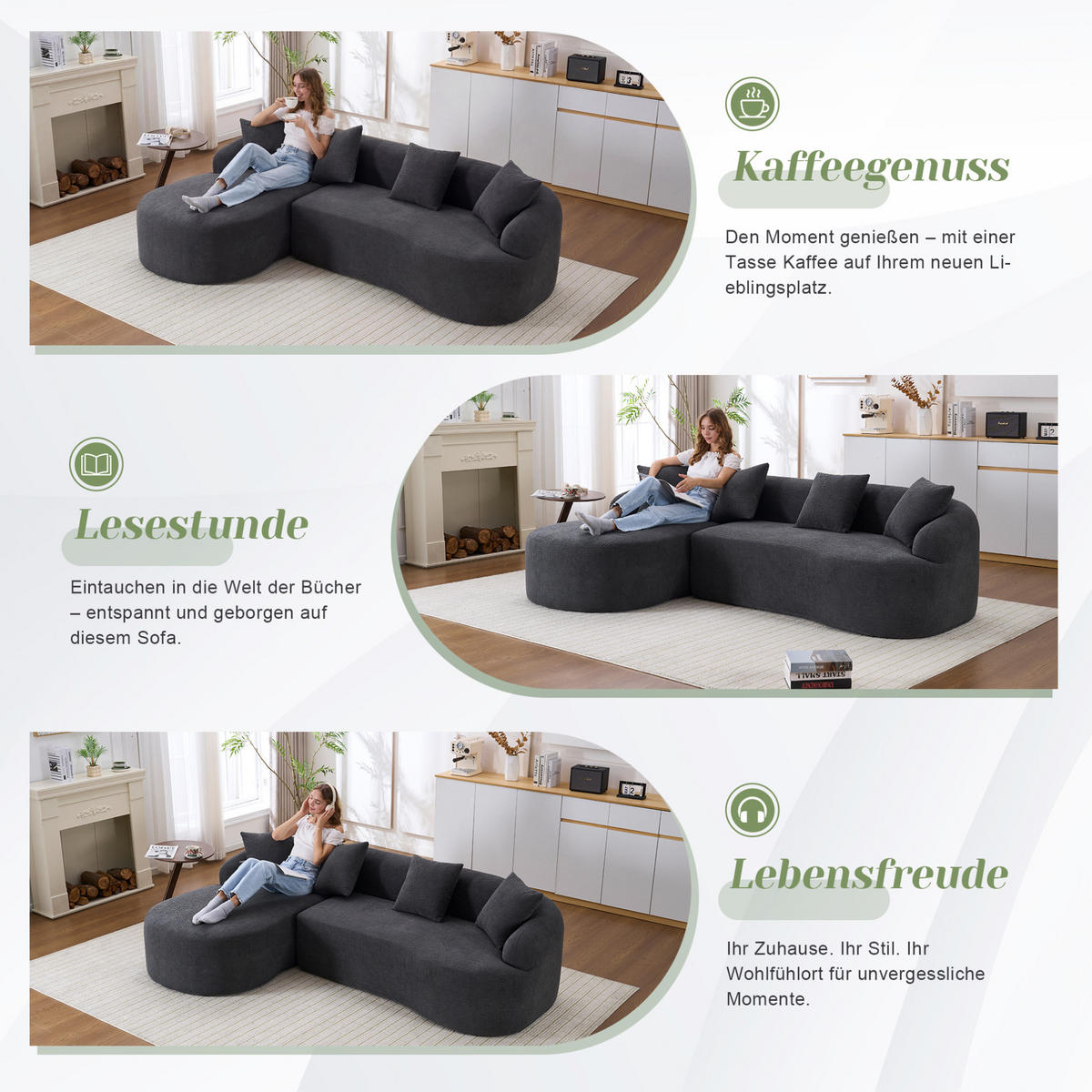 SOFA 3-Sitzer bogenförmig Chenille Dark Grey - Dunkelgrau, Textil (150/243cm) - Meubliv