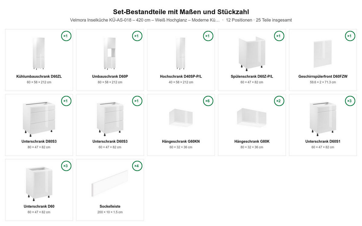 INSELKÜCHE Velmora Weiß Hochglanz – 420 cm + Insel 180 cm – KÜ-AS-018 – Weiß - Weiß, Holzwerkstoff (420/212/58cm) - ROYAL24_MARKT
