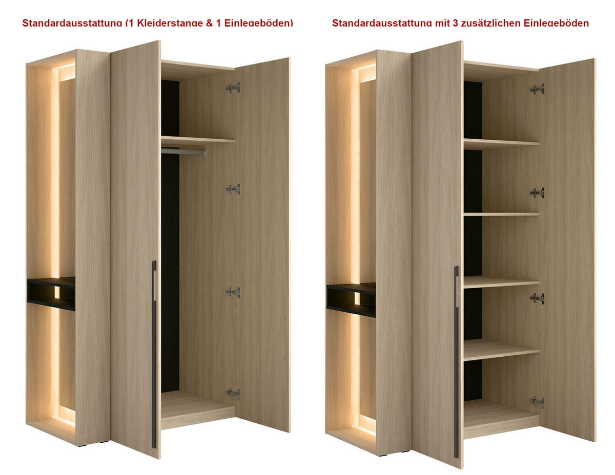 GARDEROBENSCHRANK Barcelona Eiche Barista 168 / 58 / 207,5cm mit 2 Spiegelelementen, Kleiderstange - Hellbraun/Eichefarben, Holz/Holzwerkstoff (168/207.5/58cm) - Feldmann-Wohnen