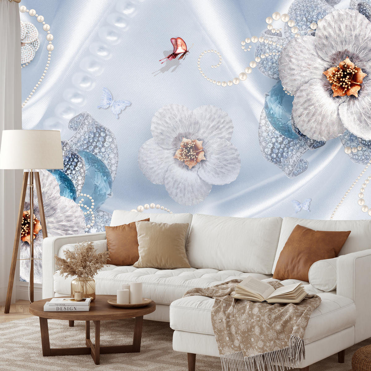 FOTOTAPETE für Schlafzimmer Blumen Perlen Schmetterlinge Blau 450x315 - Blau/Gelb, Papier (450/315cm) - Muralo