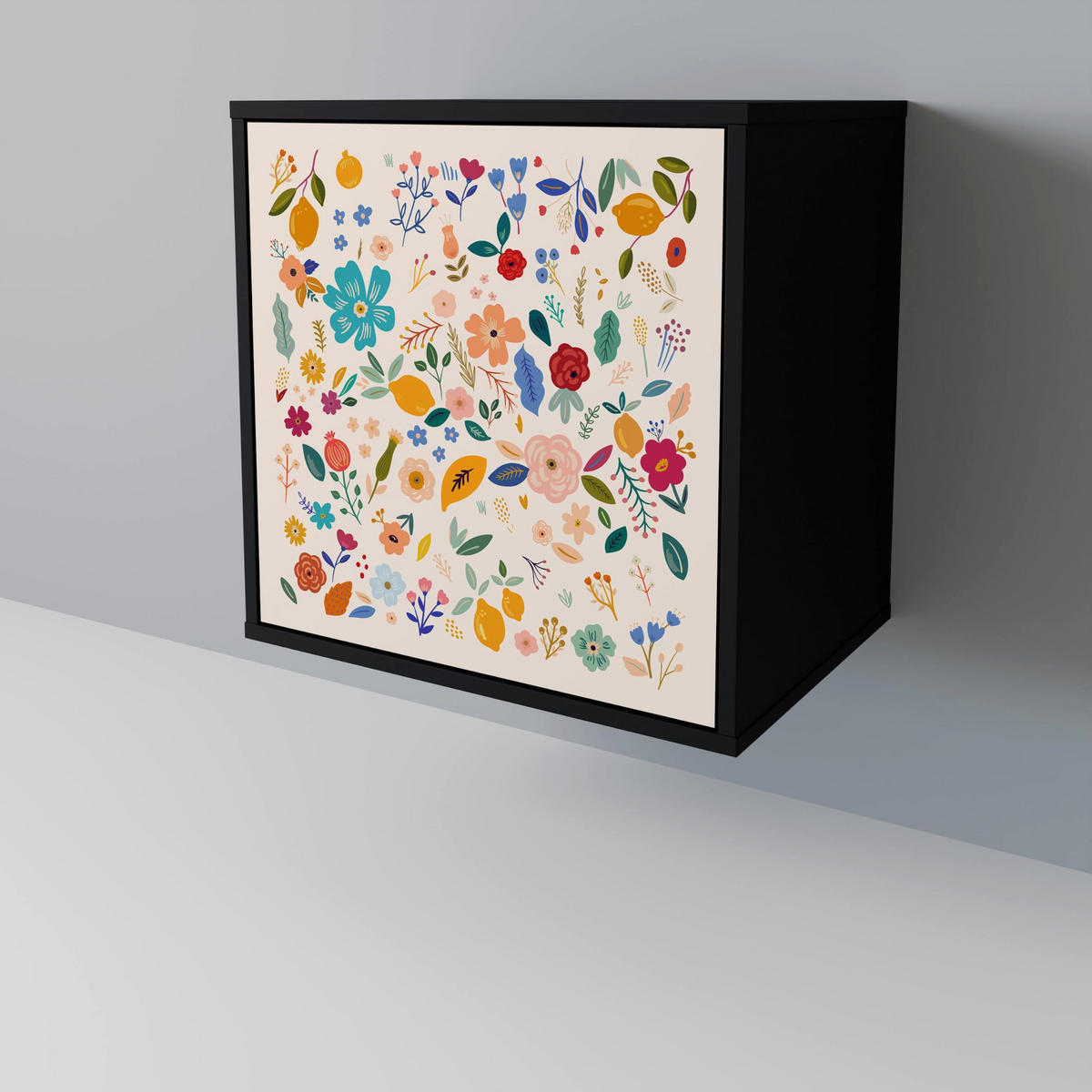 SIDEBOARD FLORAL COMBINATION, Schwarz, 57,5x42x67,5 cm, Schwarze Metall-Rahmenfüße - Multicolor/Schwarz, Holzwerkstoff/Metall (57.5/67.5/42cm) - SpaceRebels