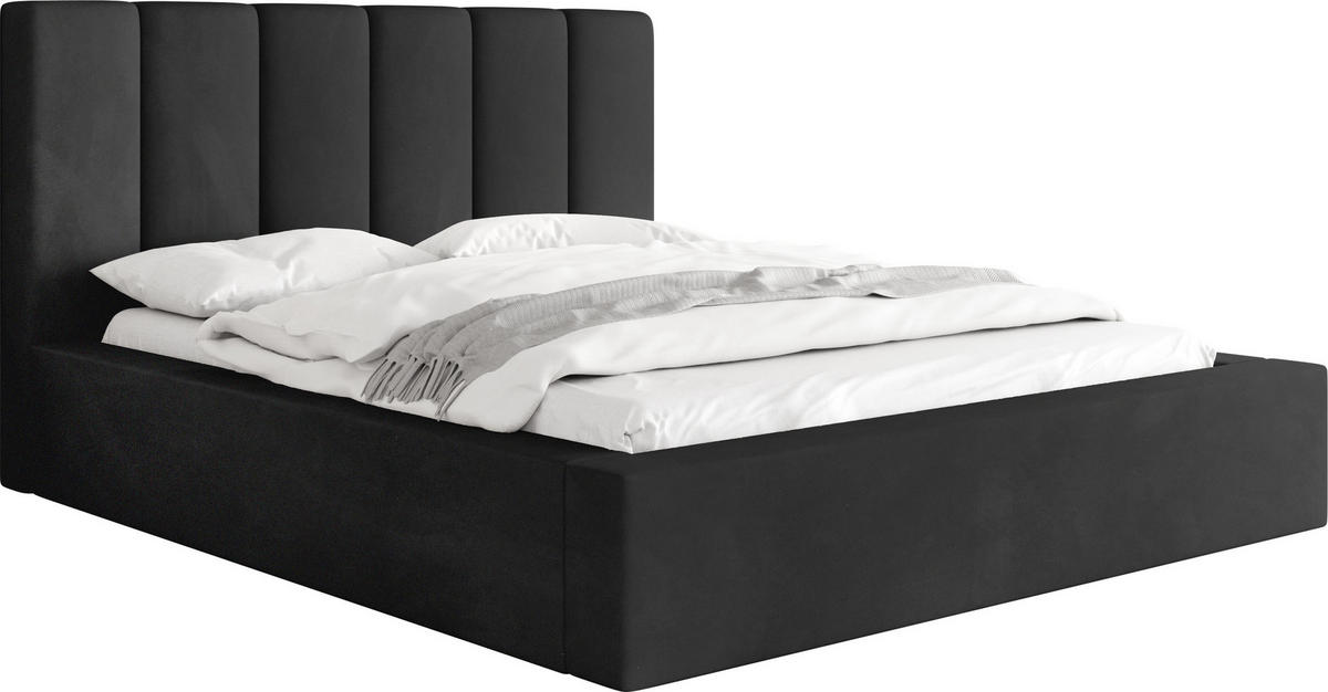 POLSTERBETT Amira mit Bettkasten, Schwarz Samt 140x200 cm - Schwarz Hochglanz/Birkefarben, Holz/Holzwerkstoff (140/200cm) - WFL GROUP