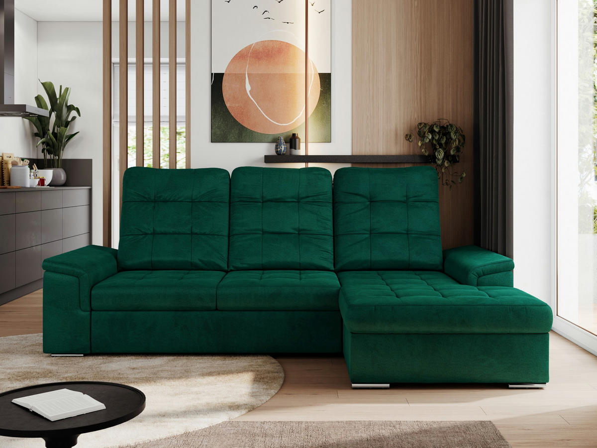 ECKSOFA MADRITO L - Dunkelgrün Velorus - Rechts - Dunkelgrün/Silberfarben, Textil/Metall (256/160cm)