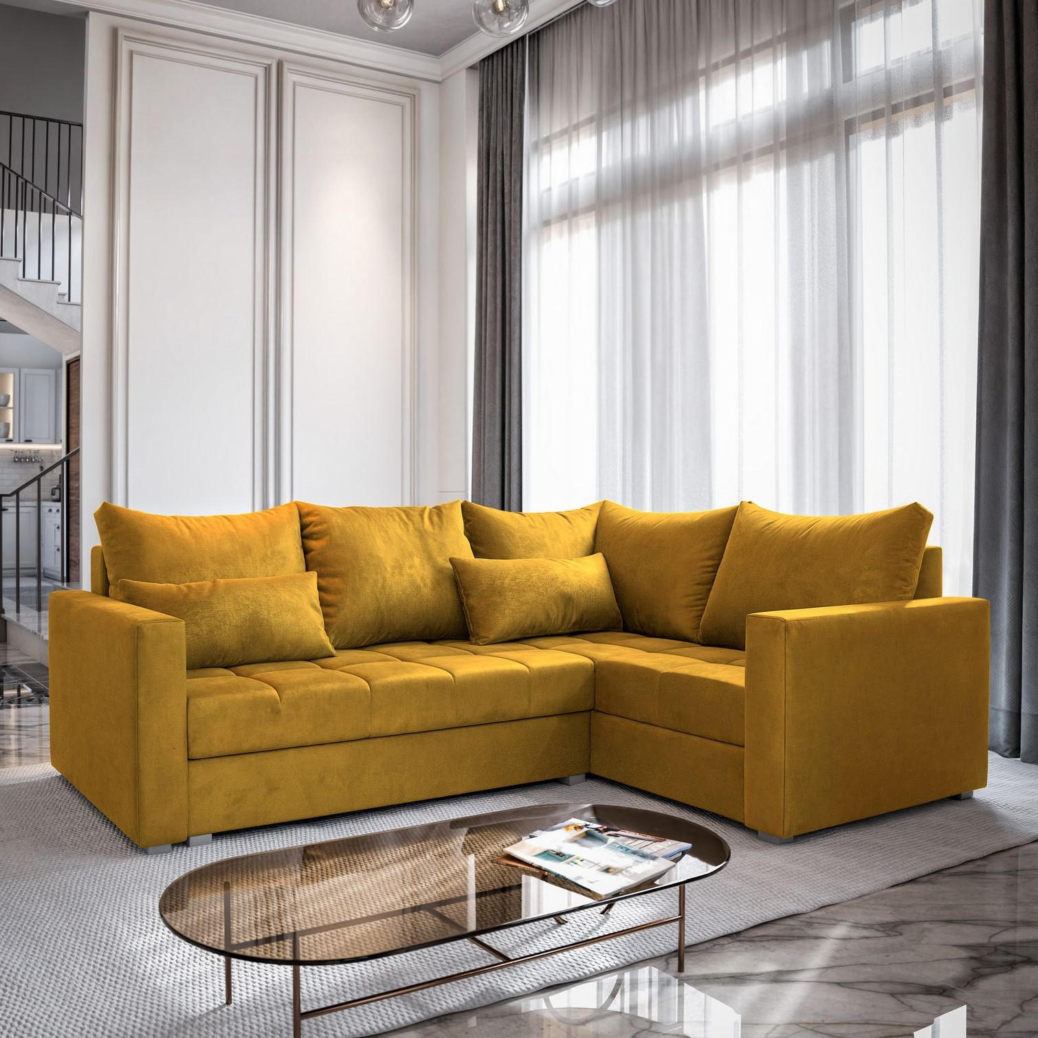 ECKSOFA LIRENO R-S Gelb Plüsch-Stoff mit Schlaffunktion - Gelb, Holz (220/153cm) - MASSENO