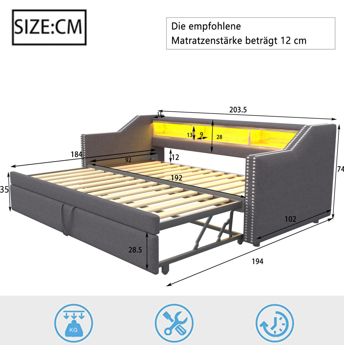 BETT aus Leinen 90/180x190 cm Dunkelgrau mit Ausziehbett, LED, USB und 3 Ablagefächern - Dunkelgrau, Textil (90/190cm) - Modfu