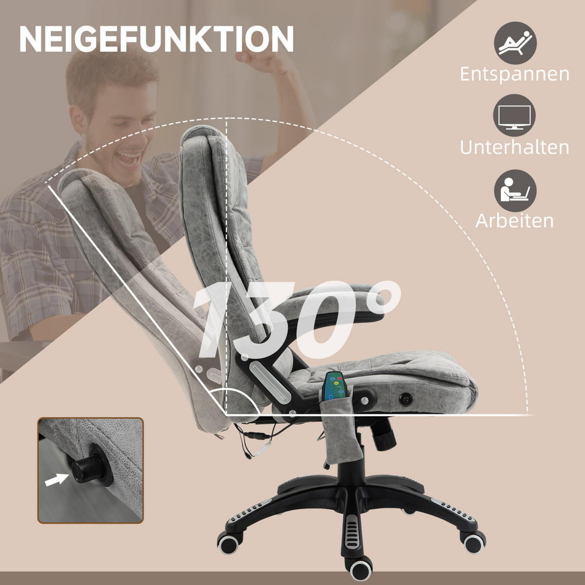 BÜROSTUHL mit Massage- und Heizfunktion höhenverstellbar Polyester Grey - Grau, Kunststoff (72/120/68cm) - Meubliv