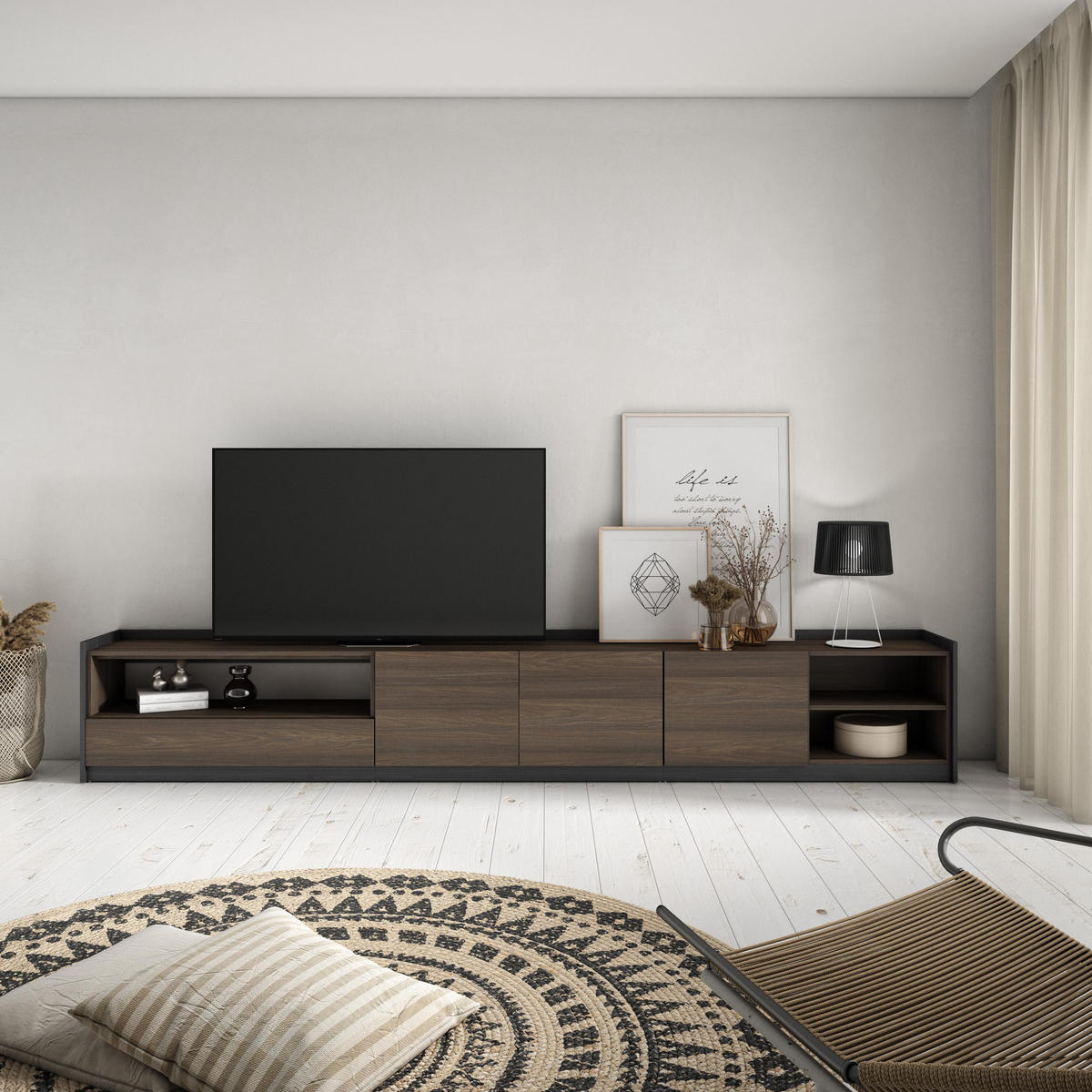 TV-SCHRANK, Lowboard, Dunkler Eiche und Schwarz, 310/37/50cm - Dunkelbraun, Holzwerkstoff (310/50/37cm) - Skraut Home