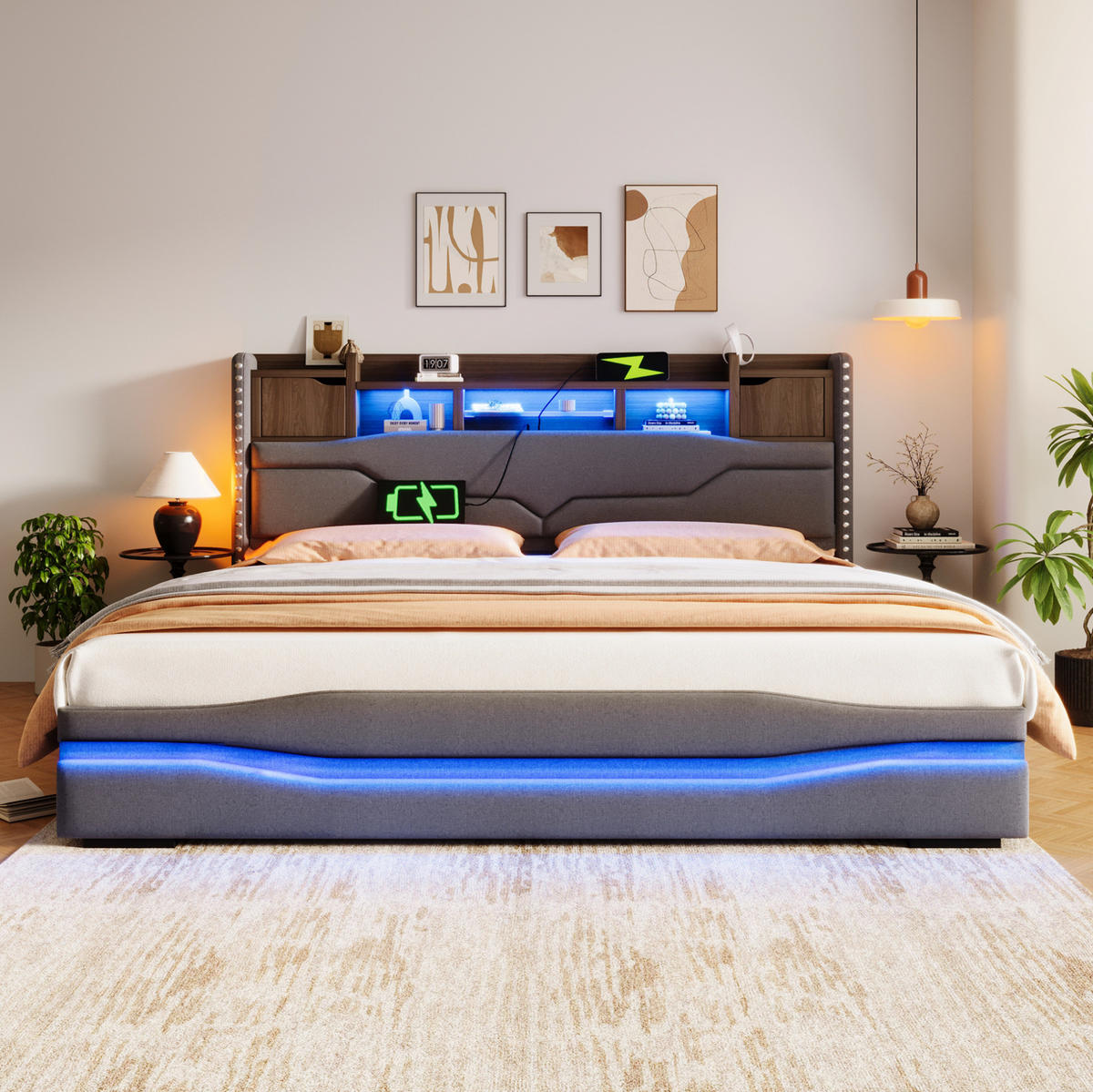 ČALOUNĚNÁ postel 180/200 cm šedá z lnu a MDF s USB-C, zásuvkou, LED a úložným prostorem - šedá, textil (180/200cm) - OKWISH