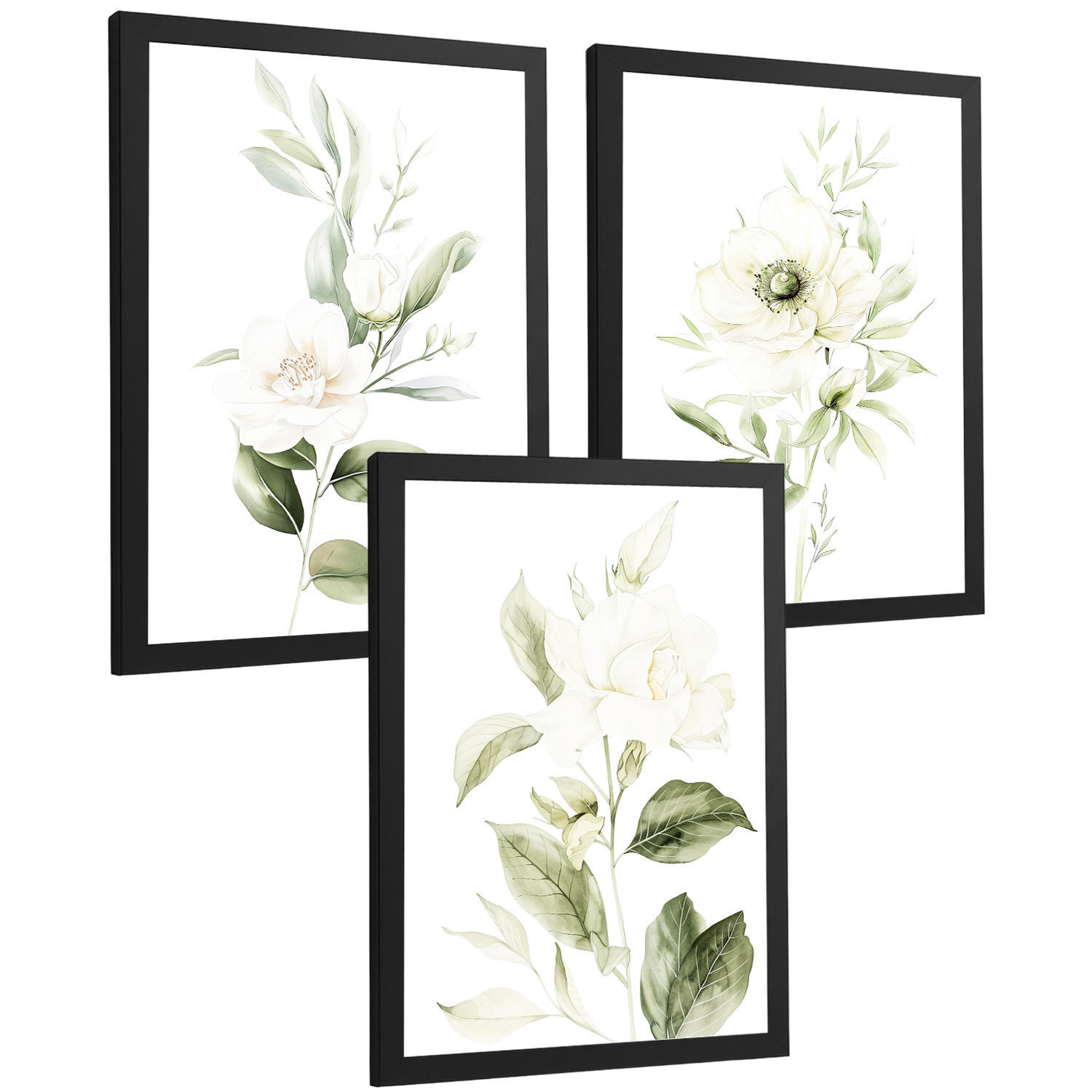 PLAKAT Sada 3 botanických tisků Zelenobílé květy. Akvarelové plakáty rostlin v jemných zelených tónech Obrázky. Černý rám velikosti A3 - černá, papír (29.7/42/3cm) - Nacnic