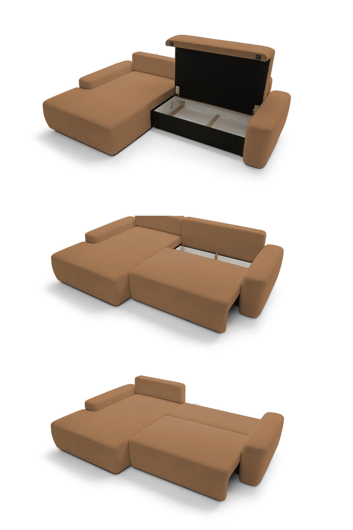 ECKSOFA BOULI 4-Sitzer ECKSOFA BOULI Raven Polstersofa mit Schlaffunktion 130x210cm Bettzeugablage 264x162x82cm linksseitig Farbe: orange - Orange, Holz/Textil (162/264cm) - DomoHome