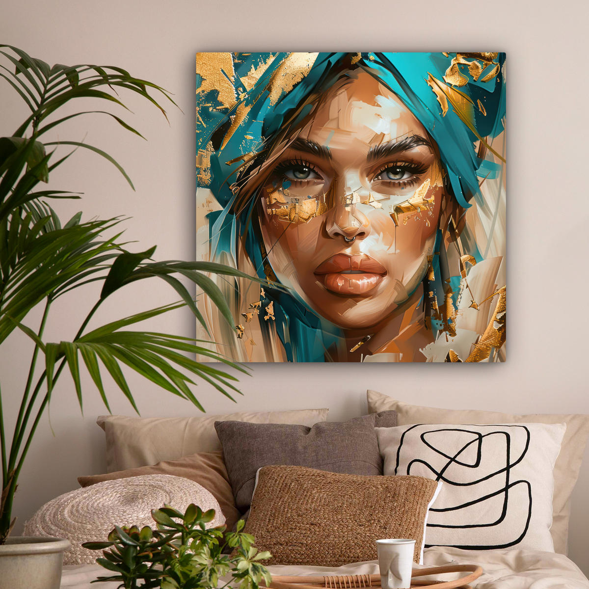 LEINWANDBILD - Frau - Porträt - Gold - Luxus - Blau - 90x90 - Gemälde - Türkis, Textil (90/90cm) - MuchoWow