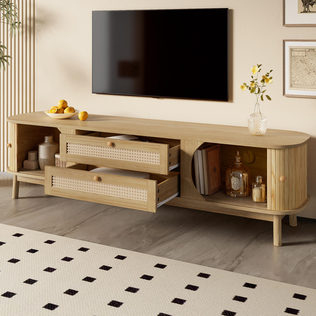 TV-SCHRANK Holz Rattan Türen Schubladen Landhaus modern - Naturfarben, Holzwerkstoff (39.5/46/170cm) - FLIEKS