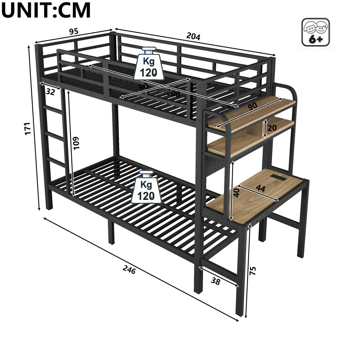 ETAGENBETT 90/200 cm aus Metall mit Schreibtisch, LED-Lichtleiste, Schwarz - Schwarz, Metall (90/200cm) - OKMYHOME