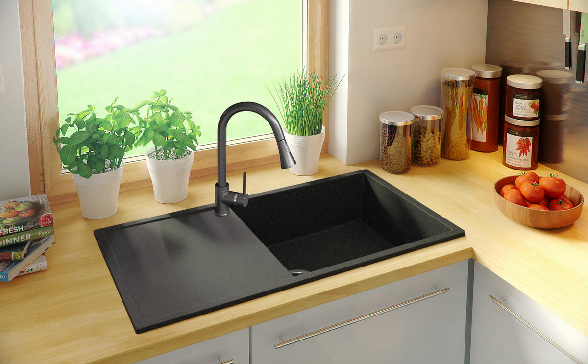 SPÜLBECKEN Ibiza, 2-er set Anthrazit 90/50 cm 1 Becken + Ablauf-Set ab 60er Unterschrank - Chromfarben/Anthrazit, Kunststoff (90/19/50cm) - Primagran