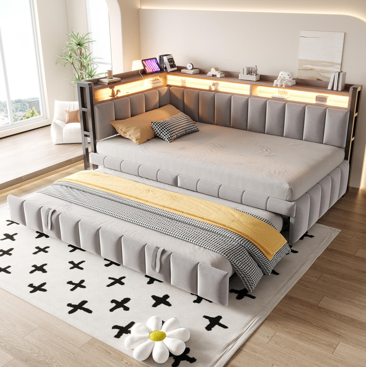 POLSTERBETT Schlafsofa aus Samt 90x200 cm Hellgrau mit Ausziehbett, LED-Beleuchtung und USB-/Typ-C-Anschlüssen - Hellgrau, Textil (90/200cm) - Modfu