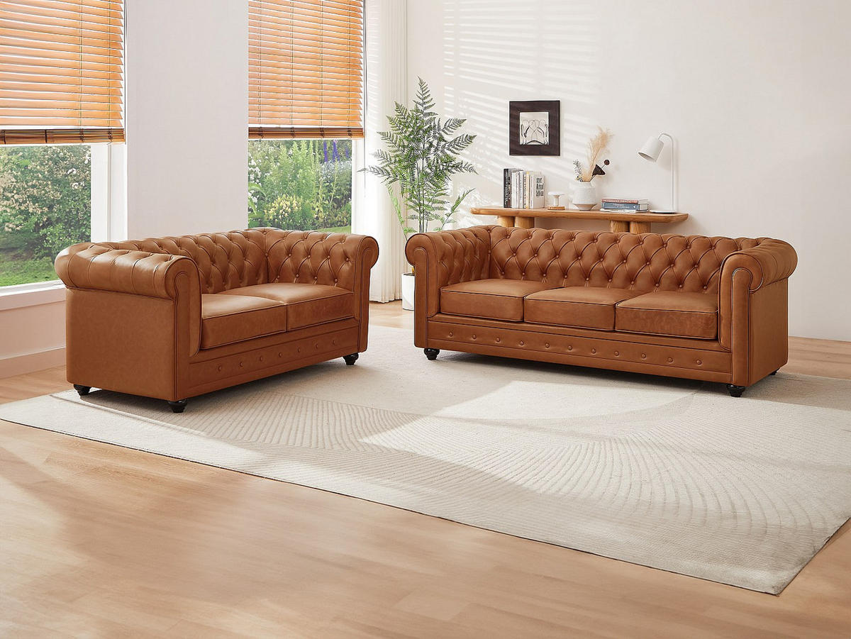 COUCHGARNITUR - 5 Personen - leder - camel Chesterfield - Hellbraun, Leder/Holz (165/72/88cm) - Vente-Unique