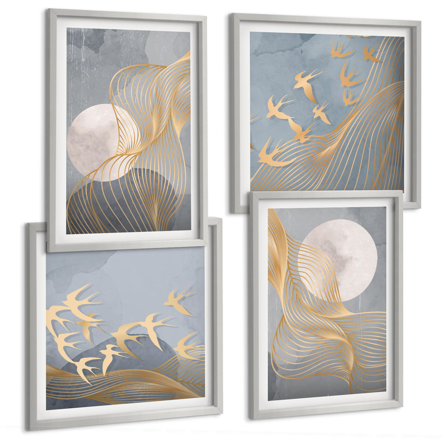 BILDER SET 4er Set - 50x50 cm & 40x60 cm Silberner Rahmen - Abstrakte Wellenkreise, grau - Silberfarben, Kunststoff (50/50cm) - TULUP