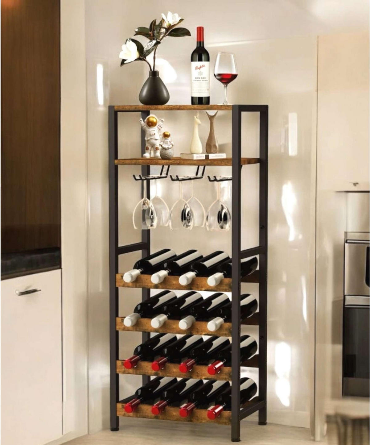 WEINREGAL 16-Flaschen mit Glashalter Metall/Holz Schwarz 41,5/24/100 cm - Schwarz, Metall (41.5/100/24cm) - DanDiBo