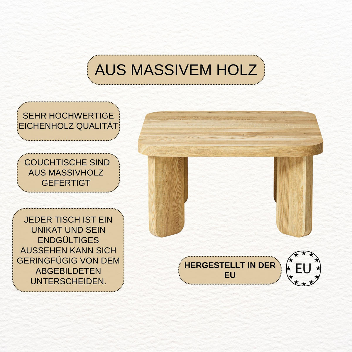 COUCHTISCH Eichenholz vollmassiv quadratisch Naturbelassenen 70/70/37 - Naturfarben, Holz (70/70/37cm)