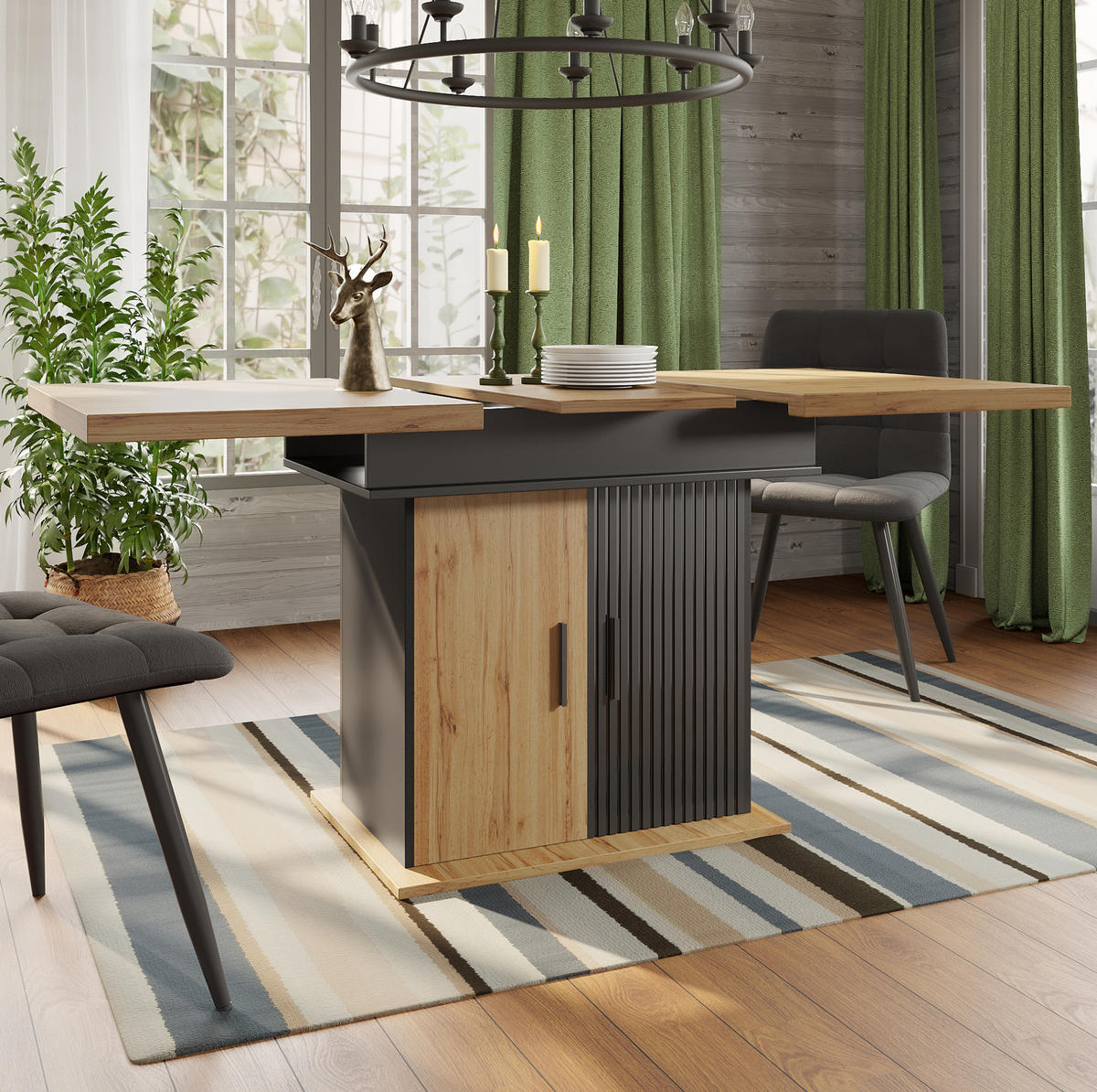 ESSTISCH 110-140x80x75 cm in Natur und Schwarz aus MDF mit Stauraum ausziehbar - Naturfarben, Holzwerkstoff (140/80/75cm) - Modfu