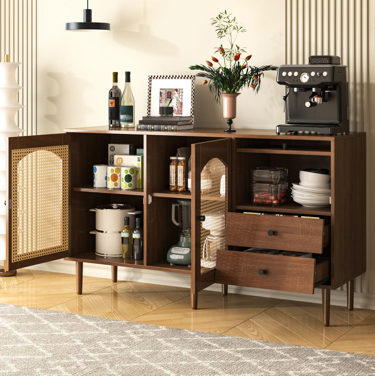 SIDEBOARD 130/40/75,5 cm in Holzfarbe mit Rattantüren und verstellbaren Böden - Eichefarben, Holzwerkstoff (130/75.5/40cm) - Flora Grace