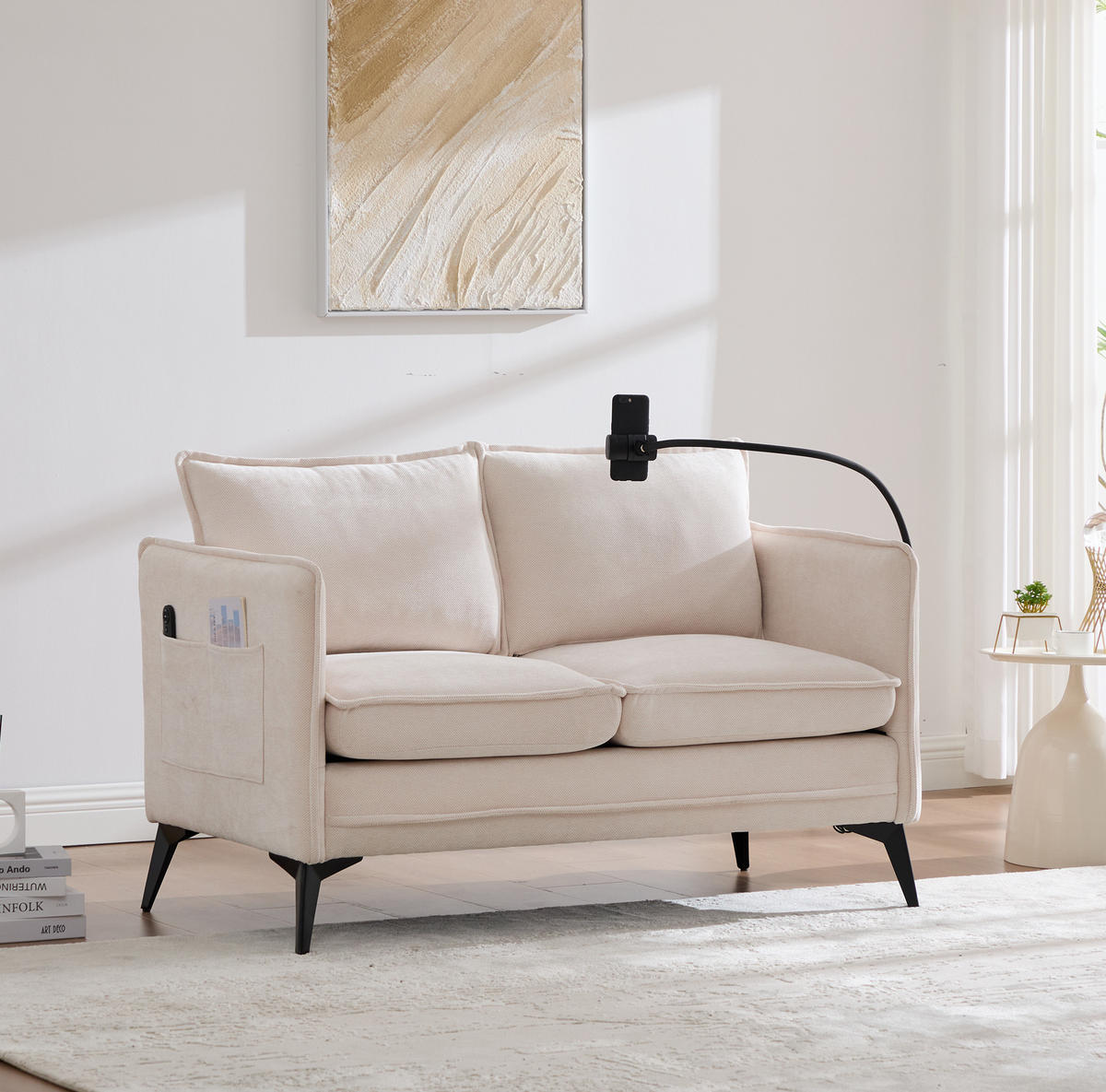 2-SITZER-SOFA aus Chenille 69x127x66 cm Beige mit Handyhalter und Seitentaschen - Beige, Textil (69/66/127cm) - Modfu