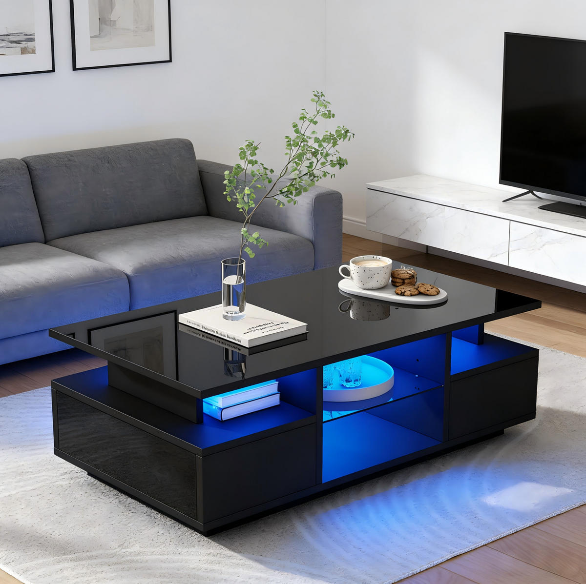 COUCHTISCH 100/50/36 cm mit 2 Schubladen, LED-Beleuchtung und Glasablagen, Schwarz - Schwarz, Holzwerkstoff (100/50/36cm) - Redom