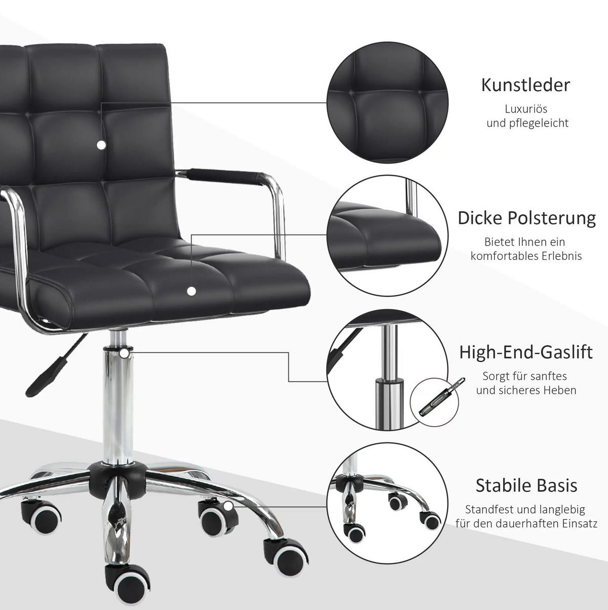 DREHSTUHL 53/54/99 cm schwarz aus PVC höhenverstellbar mit Armlehnen - Schwarz, Kunststoff (54/99/52.5cm) - OKWISH
