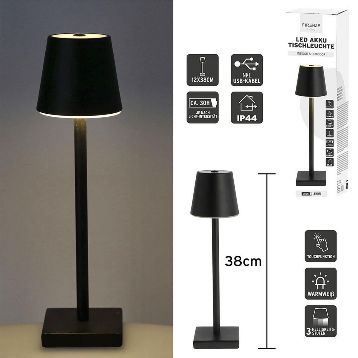 LED TISCHLEUCHTE Schwarz Akku Touchdimmer - Schwarz, Metall (12/12/38cm) - Cepewa