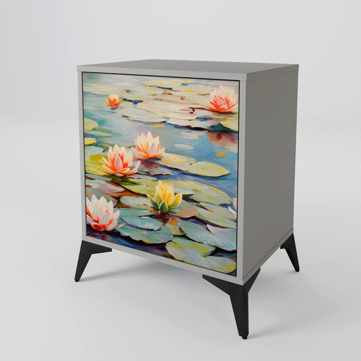 SIDEBOARD BLOOMING WATERS, Grau, 57,5x42x67,5 cm, Schwarze Metall-Rahmenfüße - Multicolor/Schwarz, Holzwerkstoff/Metall (57.5/67.5/42cm) - SpaceRebels