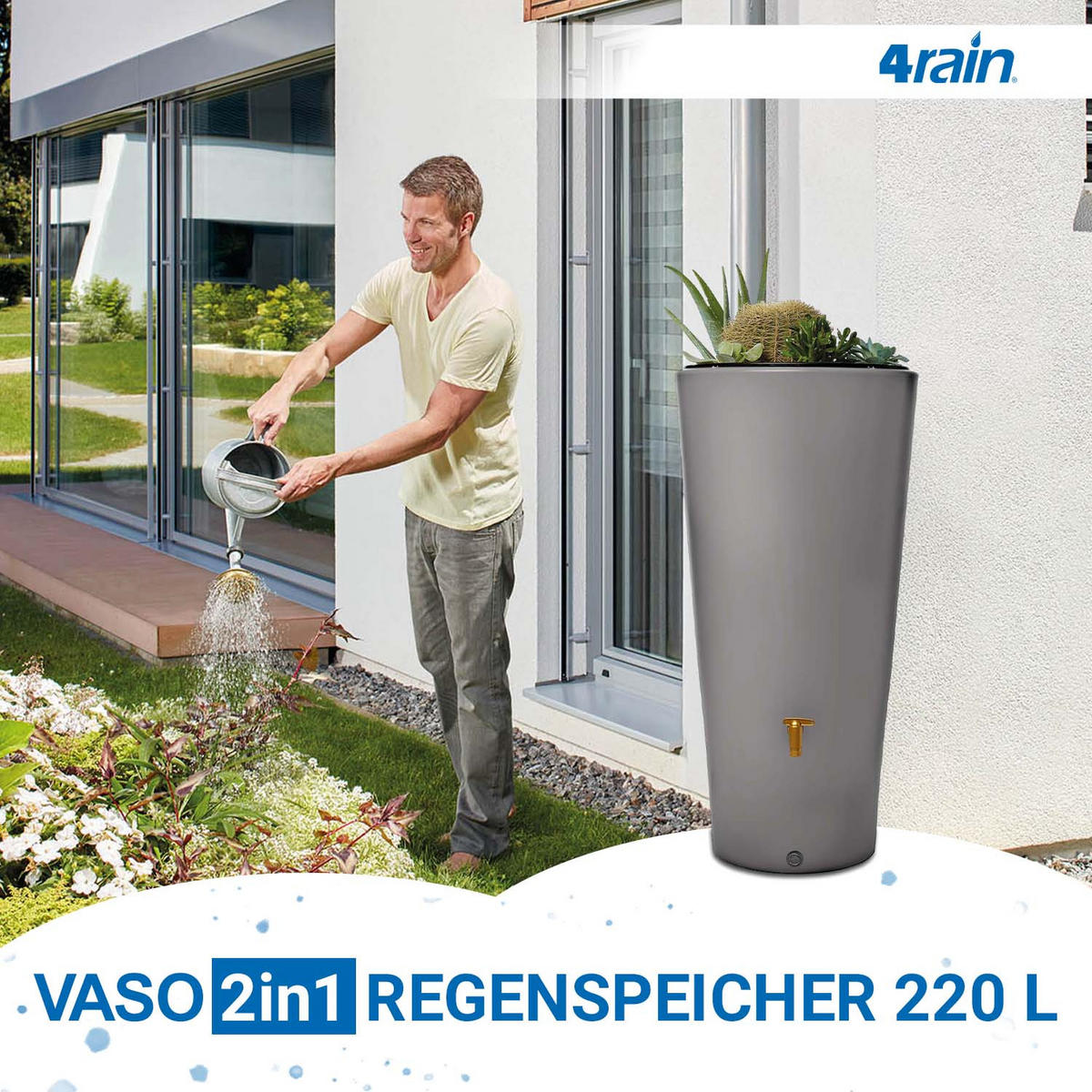 2IN1 Regentonnen Komplett-Set 220 L zinkgrau inkl. Kunststoff-Auslaufhahn und Fallrohranschluss - Hellgrau, Kunststoff (58/120/58cm) - 4rain