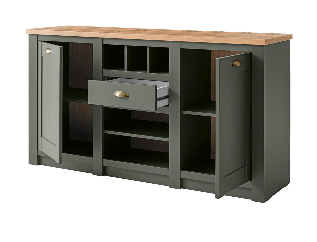 SIDEBOARD grün, Wotan Eiche Landhaus, Kommode mit Weinregal - Dunkelgrün/Messingfarben, Holzwerkstoff/Metall (145/83/41cm) - Furn.Design
