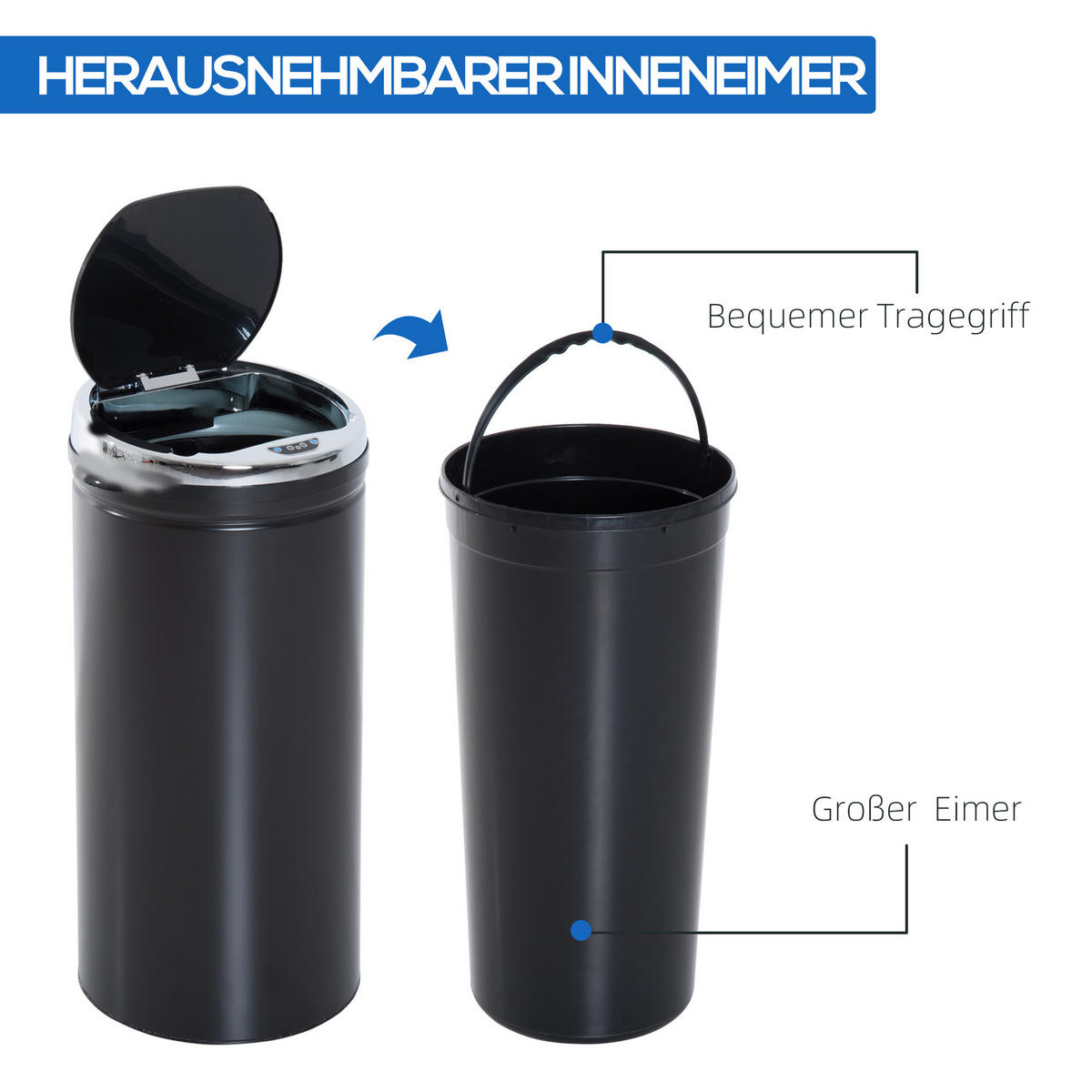 MÜLLEIMER Schwarz 30.5/30.5/68.0 cm - Schwarz, Metall (30.5/68/30.5cm) - HOMCOM
