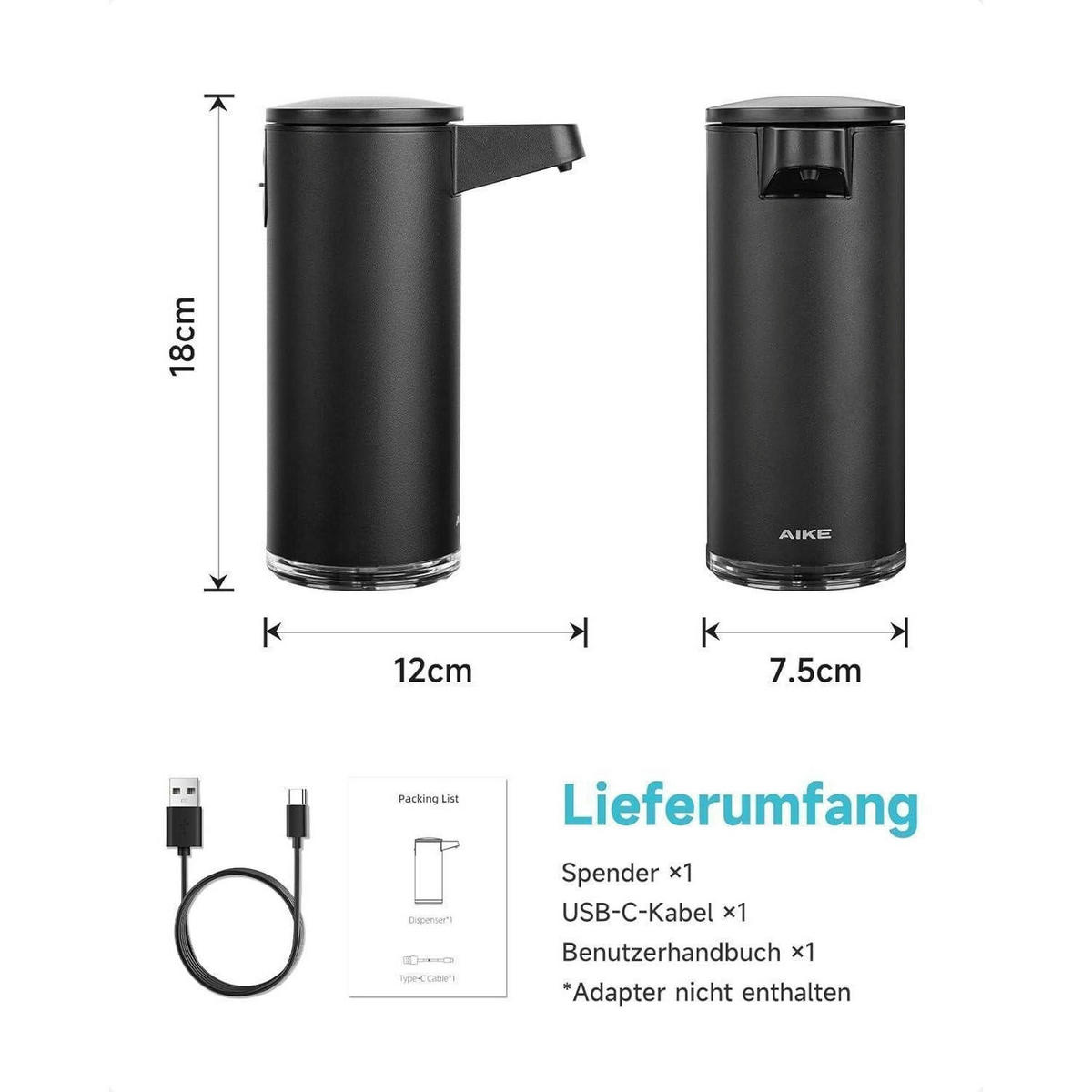 SEIFENSPENDER Automatisch Edelstahl Schwarz Matt 380ml - Schwarz, Metall (7.5/18/12cm)