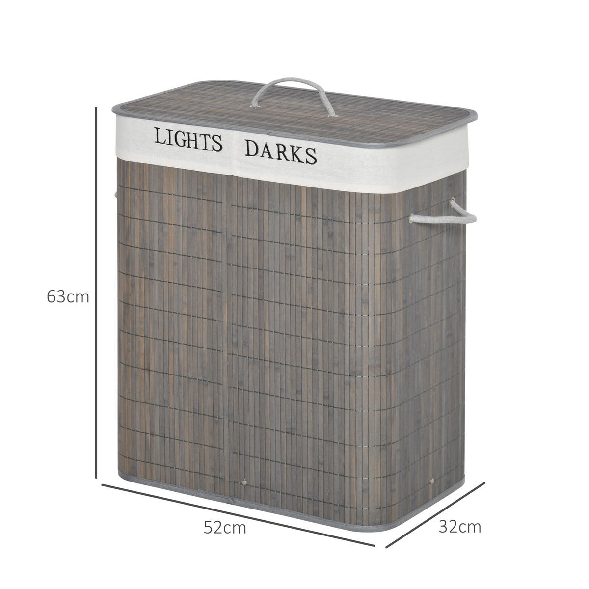 WÄSCHEKORB schmal mit Deckel 100L, Badezimmer, Bambus, Grau - Grau, Naturmaterialien (52/63/32cm) - HOMCOM