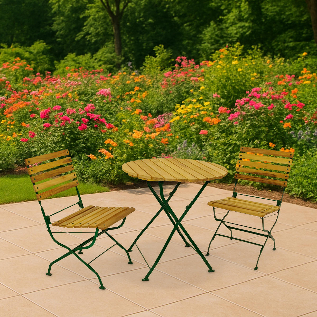 SITZGRUPPE Newcastle 3-teilig, Gartenmöbel Set 2 Personen - Flachstahl - Robinienholz -Bistrotisch Set mit 2 Stühlen - dunkelgrün - Grün, Holz - TPFGarden