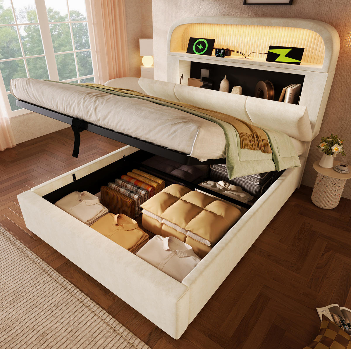 BETT mit Stauraum 90x200 cm Samt Beige inkl. Matratze - Beige, Metall (90/200cm) - Meubliv
