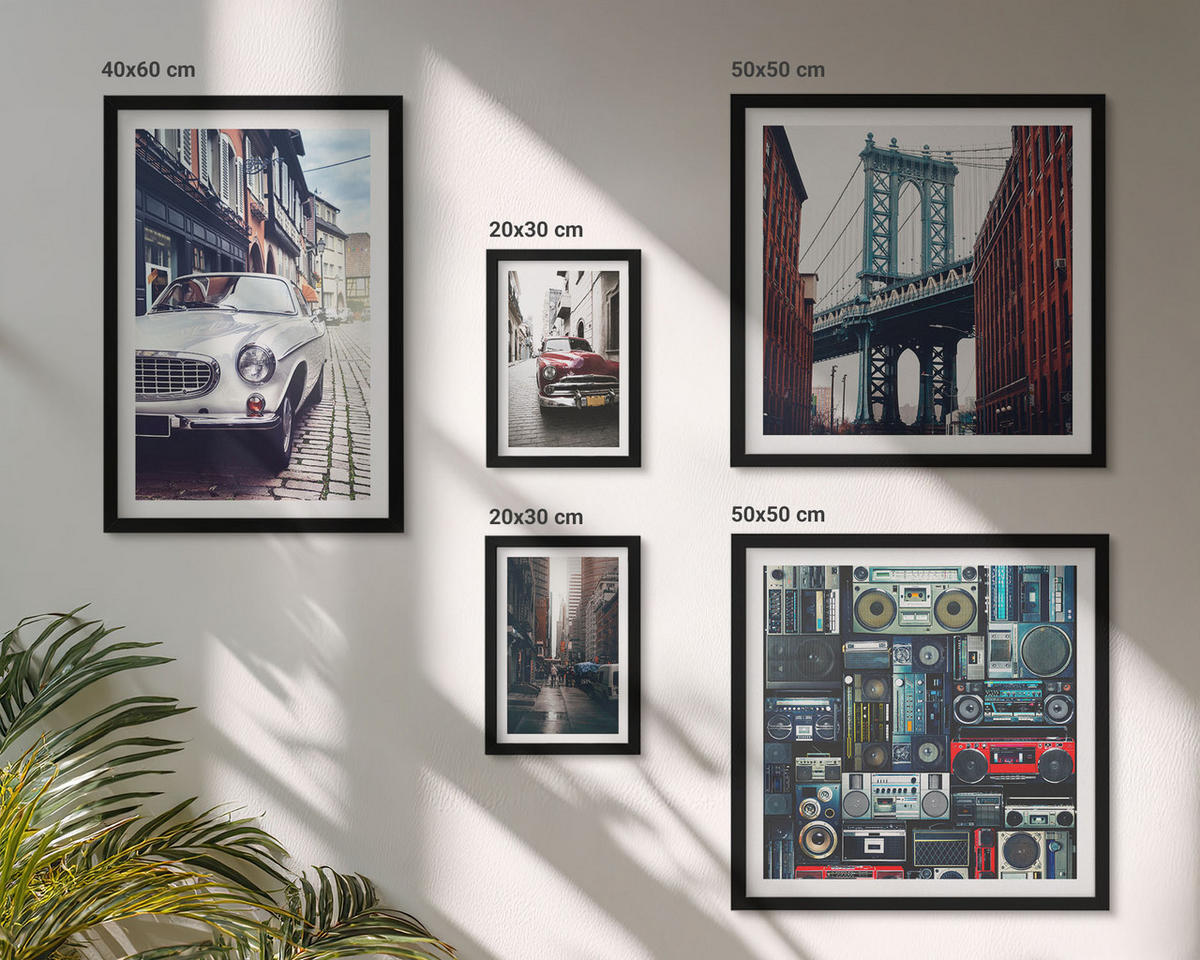 WANDBILDER 5er-Set - 50x50 cm & 20x30 cm & 40x60 cm Schwarzer Rahmen - Old Cars Brooklyn Retro-Audio - Schwarz, Kunststoff (40/60cm) - ArtPrintCave