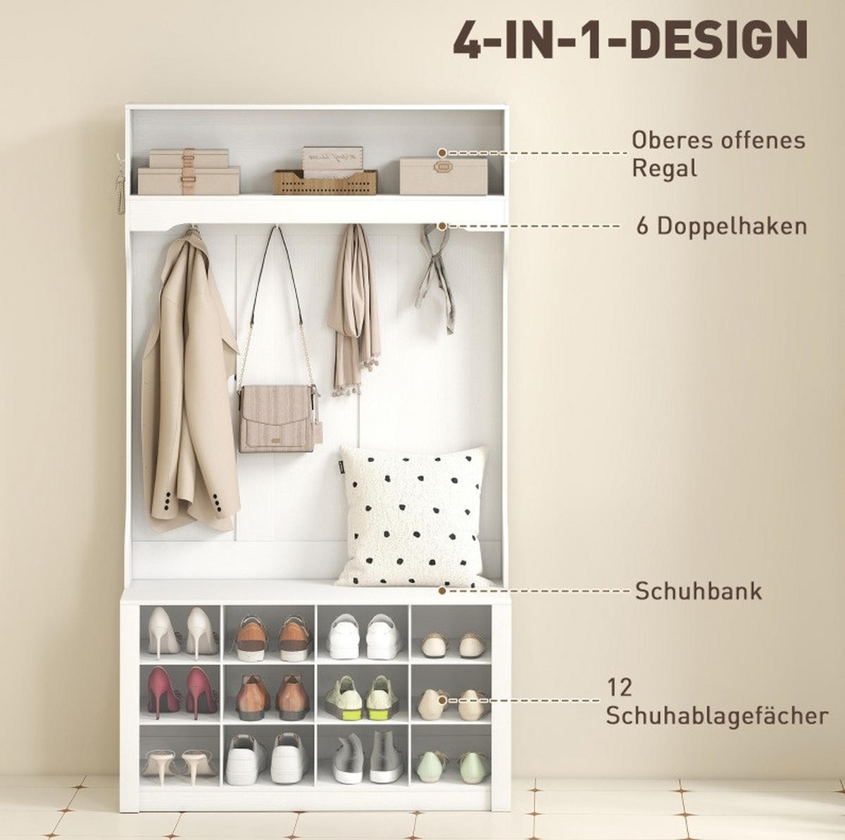 GARDEROBE 100/35/172,2 cm aus Holzwerkstoff mit Sitzbank und 12 Schuhfächern Weiß - Weiß, Holzwerkstoff (100/172.2/35cm) - Modenvie