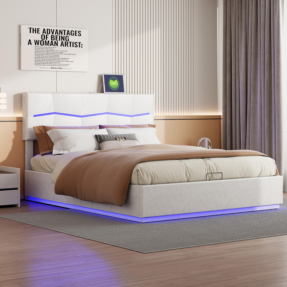 POLSTERBETT 140x200 cm, Beige, mit LED & USB-Typ-C-Ladeanschluss - Beige, Textil/Metall (140/200cm)