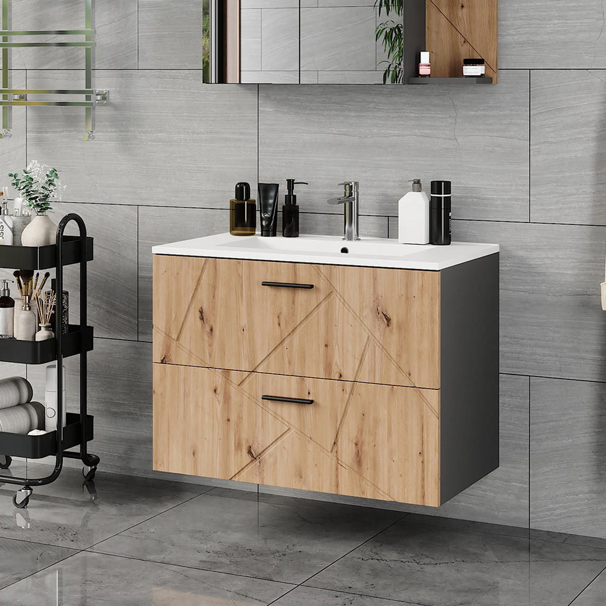 WASCHBECKENUNTERSCHRANK Irma Anthrazit/Artisan 80 x 57 cm mit 2 Schubladen - Anthrazit/Eiche Artisan, Holzwerkstoff (80/57/44.6cm) - Vicco