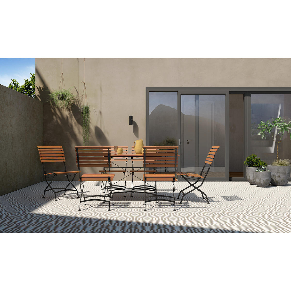 GARTENESSGRUPPE - Akazie massiv / Stahl - Akazie / Schwarz - 7-teilig - Schwarz/Akaziefarben, Holz/Metall - home24